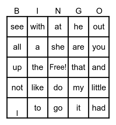 Kindergarten Sight Words Bingo Card