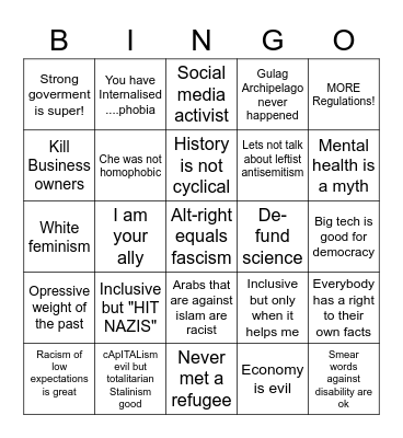 White Leftist Bingo Card