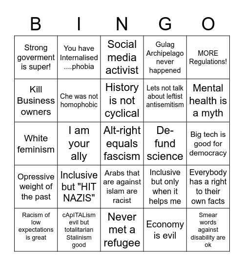 White Leftist Bingo Card