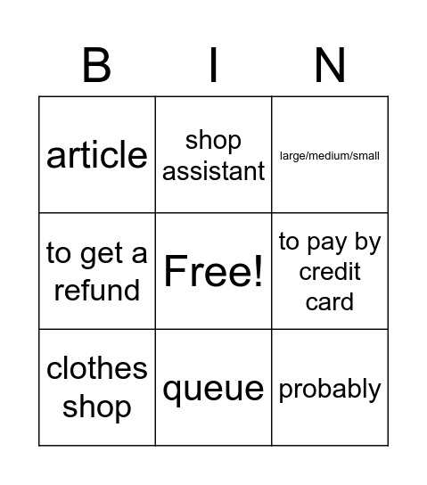 English unit 2 Bingo Card