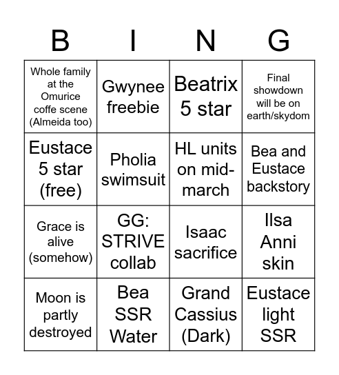 GBF 7th anni predictions Bingo Card