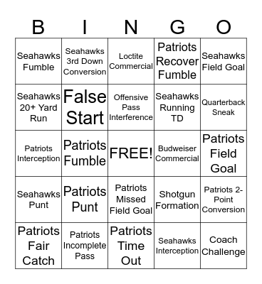 Super Bowl Bingo Card