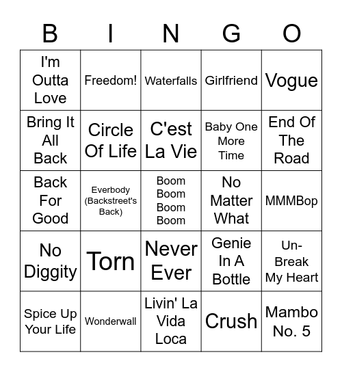 90's Music Bingo Card