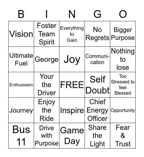 Energy Bus Bingo Card