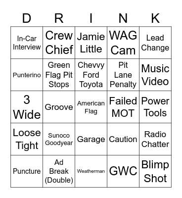 NASCAR Bingo Card