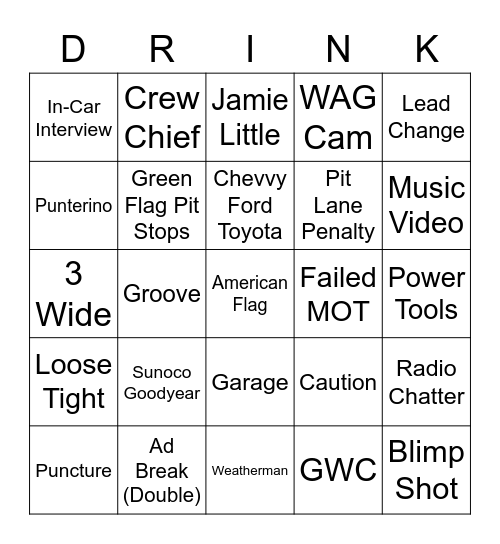 NASCAR Bingo Card