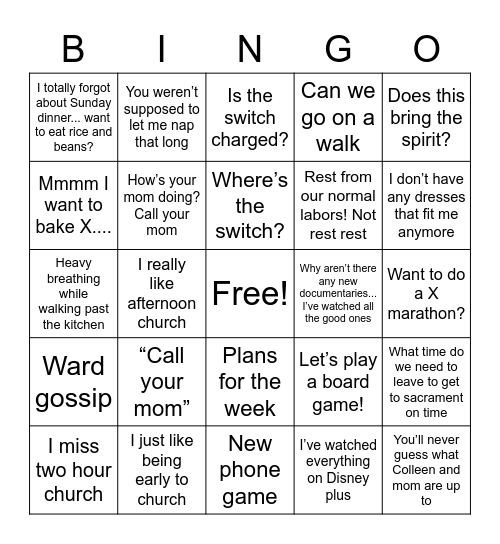 Madelyn Sunday Bingo Card