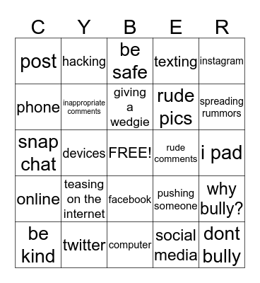 Cyber Bully Bingo Card