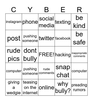 Cyber Bully Bingo Card