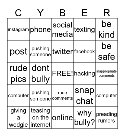 Cyber Bully Bingo Card