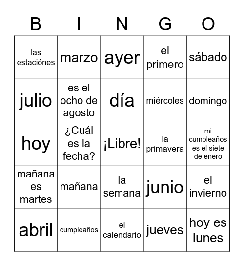 el calendario- Sra. Dean Bingo Card