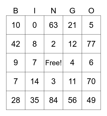 K1 Maths Bingo Card