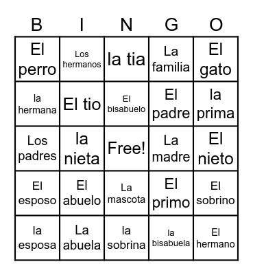 Familia Vocabulary Bingo Card