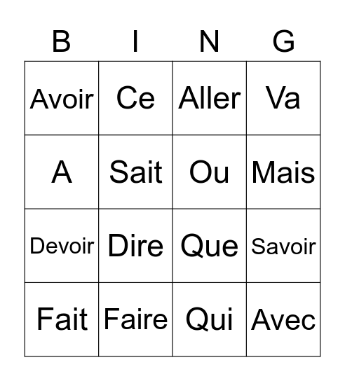 Français Leçons 11-15 Bingo Card