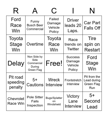 NASCAR Bingo Card