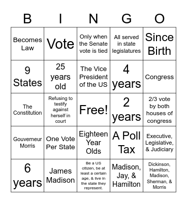 US Constitution Bingo Card