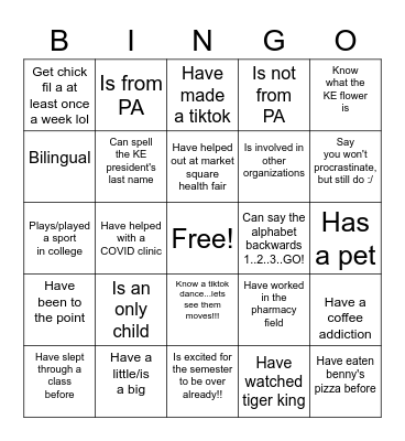 KE Bingo Night Bingo Card