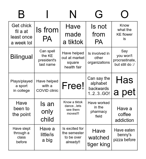 KE Bingo Night Bingo Card