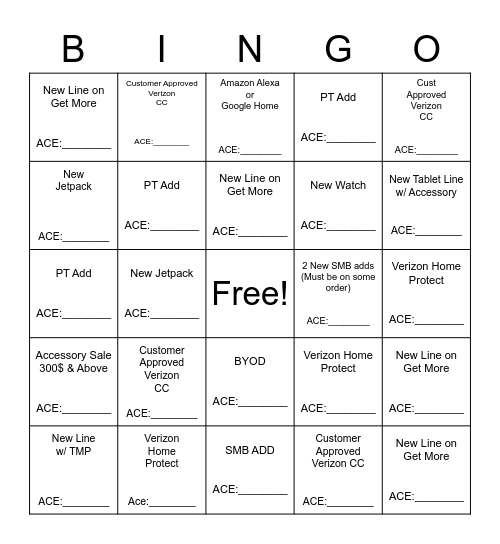 Verizon Bingo Card