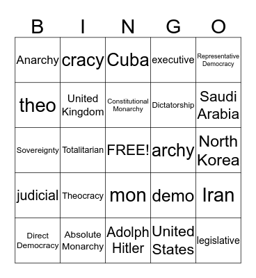 Forms of Government Vocabulary Bingo Card