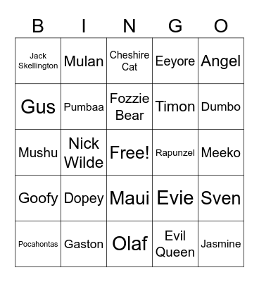 Disney Character BINGO Card