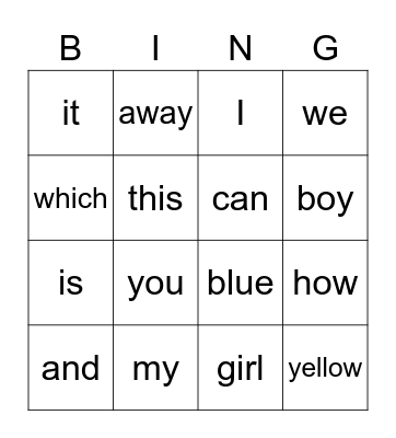 Sight Words Bingo Card