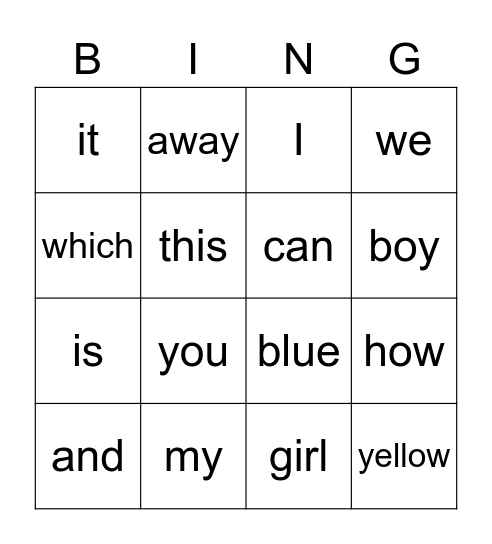 Sight Words Bingo Card