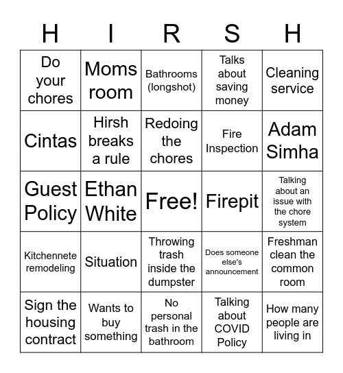 Hirsh Bingo Card
