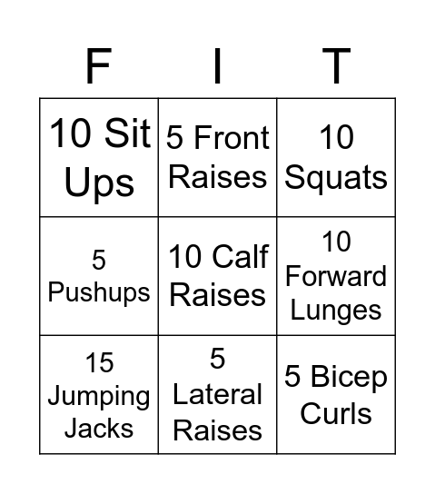 Kelsch's Fitness Bingo! Bingo Card