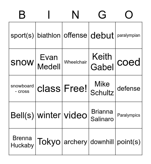 Paralympic Bingo Card