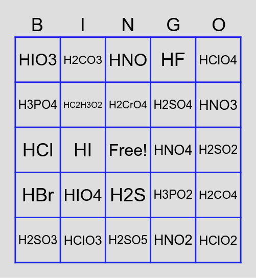 Naming Acids Bingo Card