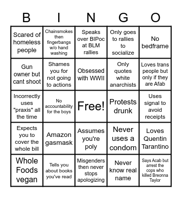 Portland Leftist Men You'll Date Bingo Card