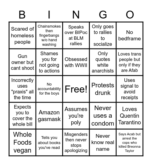 Portland Leftist Men You'll Date Bingo Card