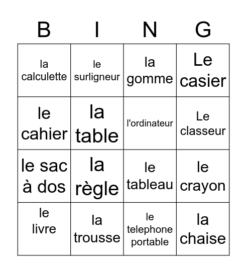 Classroom objects Bingo Card