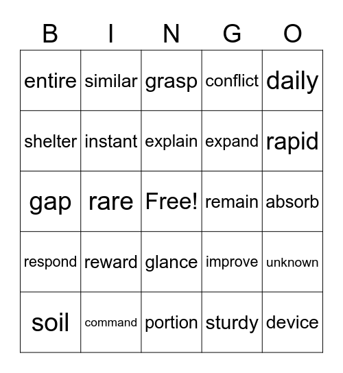 Vocabulary Bingo! Bingo Card