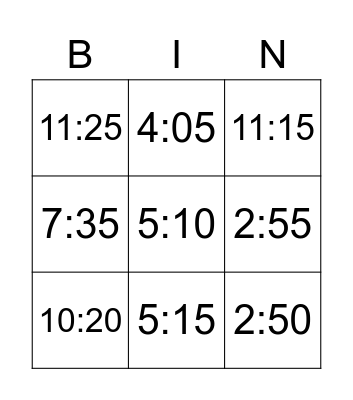 Digital time Bingo Card