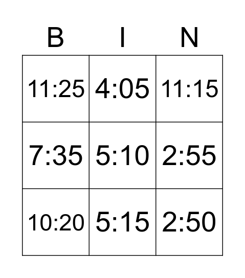 Digital time Bingo Card