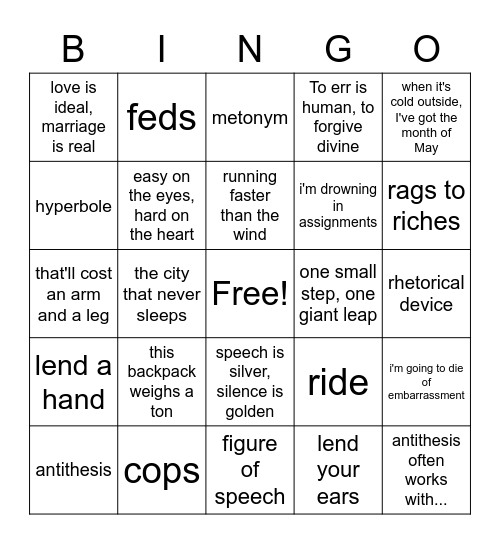 Poetry Terms and Figures of Speech Bingo Card