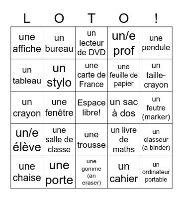 TB1 3A La salle de classe Bingo Card