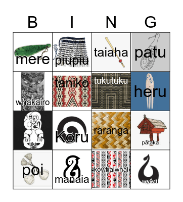 Māori art and design Bingo Card