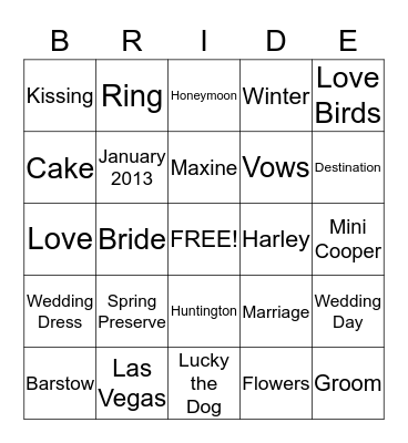 Maxine's Bridal Shower Bingo Card