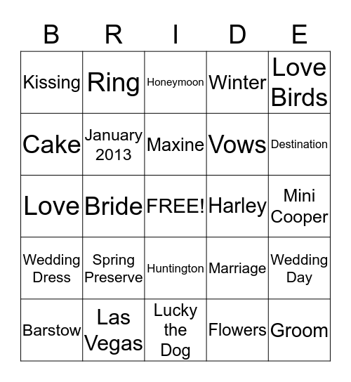 Maxine's Bridal Shower Bingo Card