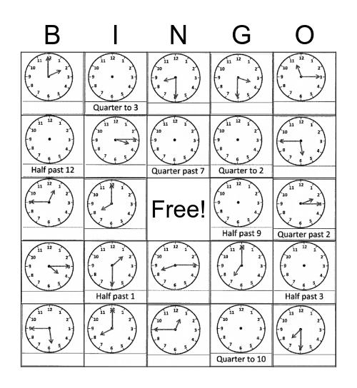 Telling Time Bingo Card