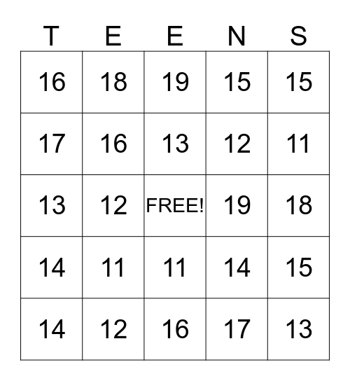 Tricky Teen Bingo! Bingo Card