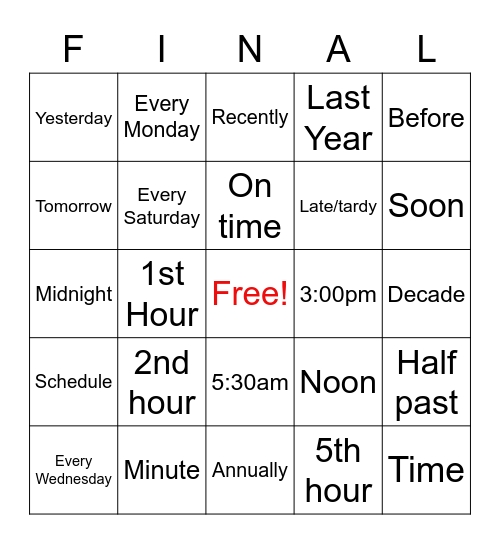 ASLD: TIME 1-4 (ASL2A Review) Bingo Card