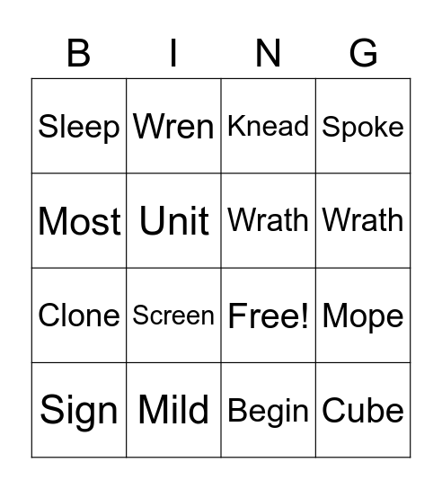 Spelling Words Bingo Card