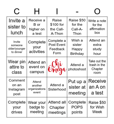 Chi-O Bingo Card