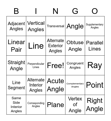 Geometry Vocabulary Unit 9 Bingo Card