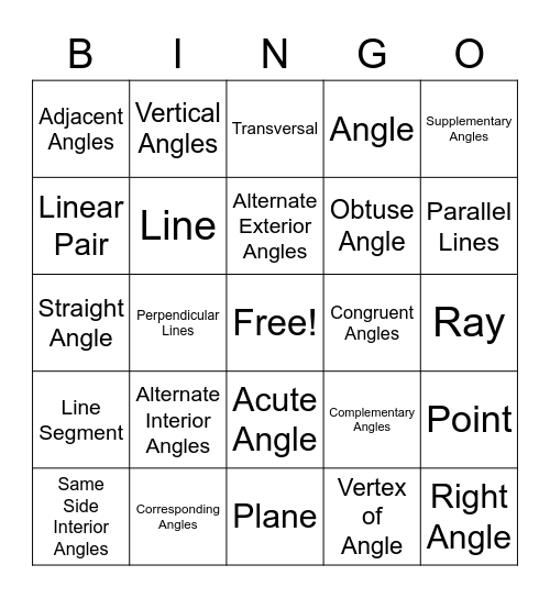 Geometry Vocabulary Unit 9 Bingo Card