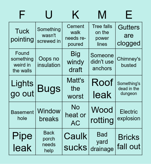 This is Owning a House Bingo Card